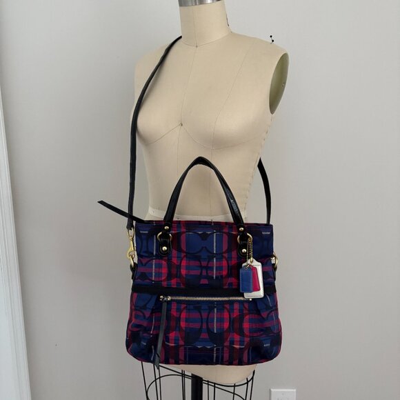 Coach Poppy 2way Shoulder Bag Red Blue Tartan Plaid Signature Canvas Patent Trim - Picture 3 of 16